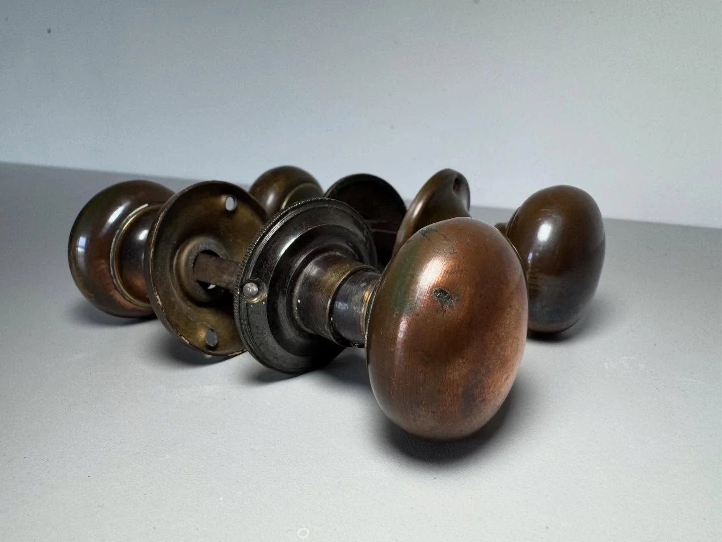 Diminutive antique brass door knobs with a lovely patina. Taken from a cottage in Herefordshire. &pound;90 for both pairs. Lovely condition. Can post internationally. #doorfurniture #antiquedoorknob