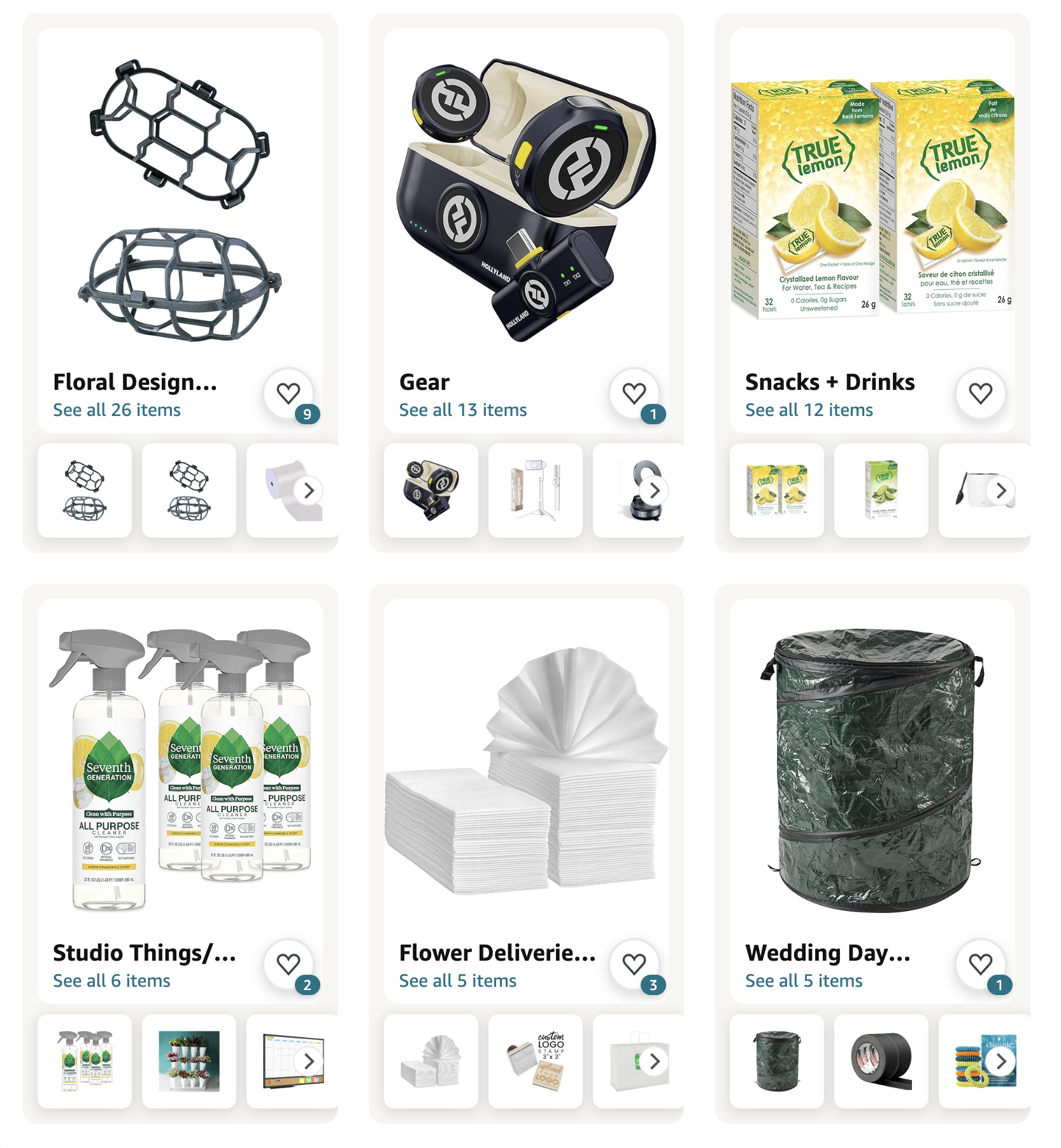 Organized gift and wedding planning supplies, including floral ring holders, wireless earbud case, lemon snack packs, spray bottles of cleaner, stacks of tissues, and a green gift bag.
