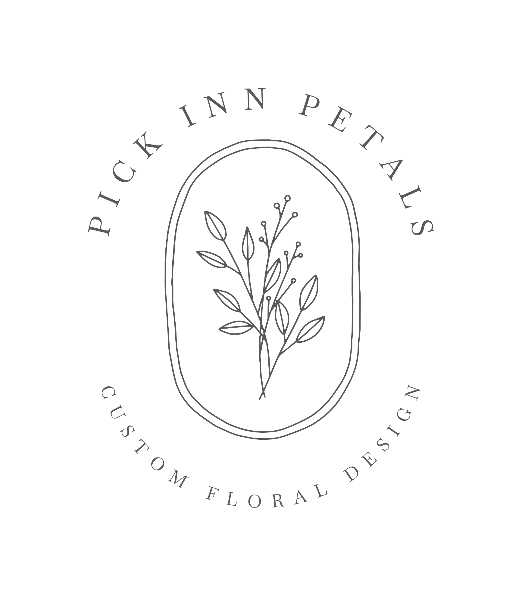 Logo for Picket Inn Petal, a floral design business, featuring a simple line drawing of a plant with leaves and small berries inside an oval outline, with the text "Picket Inn Petal" at the top and "Custom Floral Design" at the bottom.
