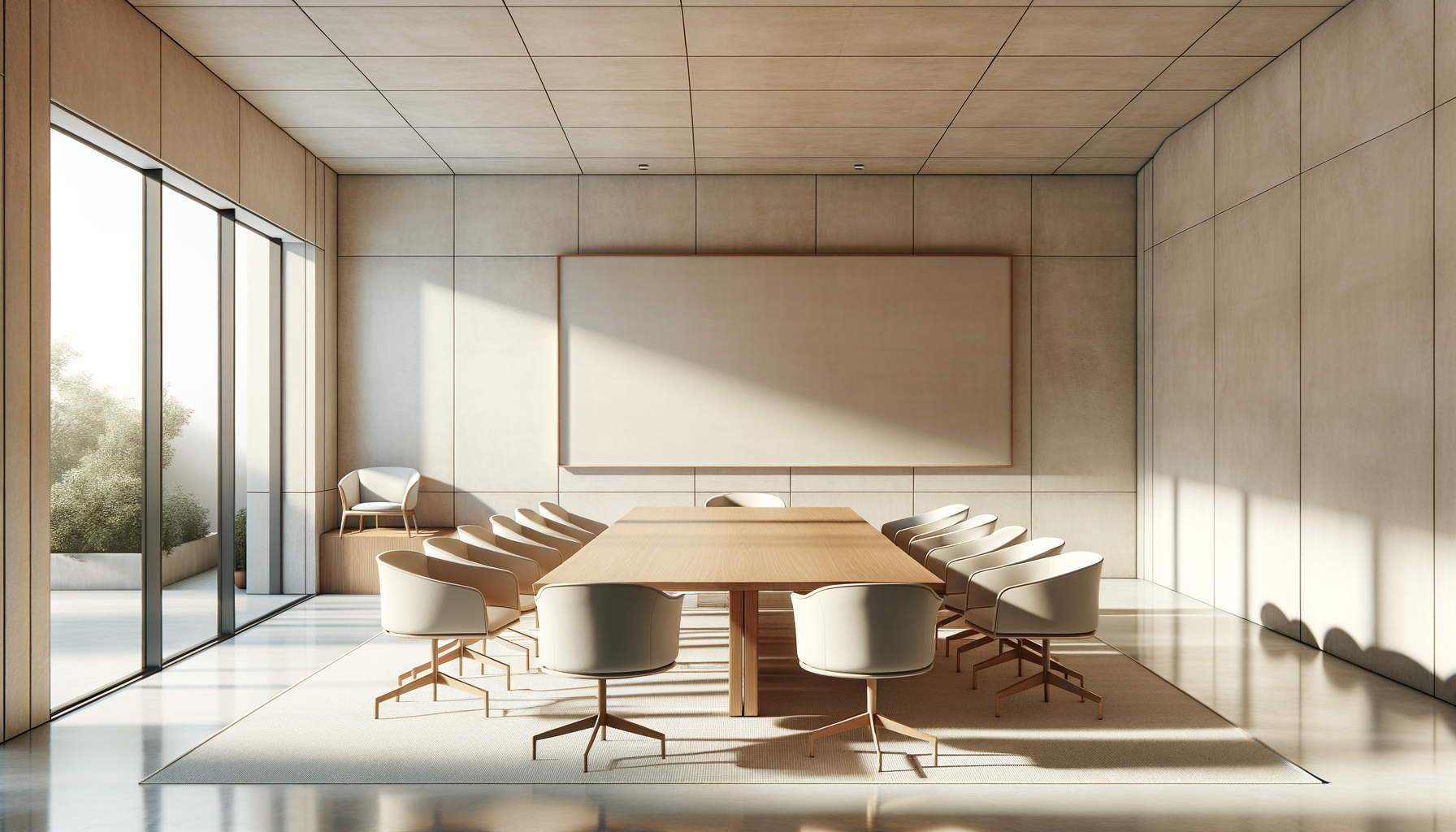 Ein modern ausgestatteter Konferenzraum mit einem langen Holztisch, weißen Stühlen, einer weißen Wand mit einem Rahmen und großen Fenstern, durch die Tageslicht einfällt.