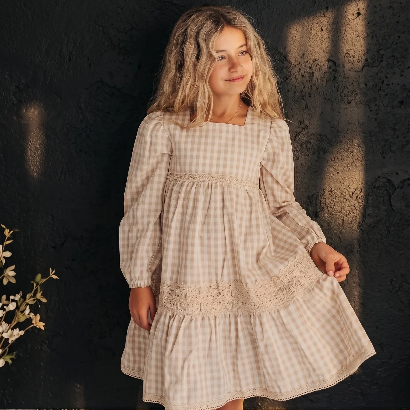 Tan Gingham & Lace Dress