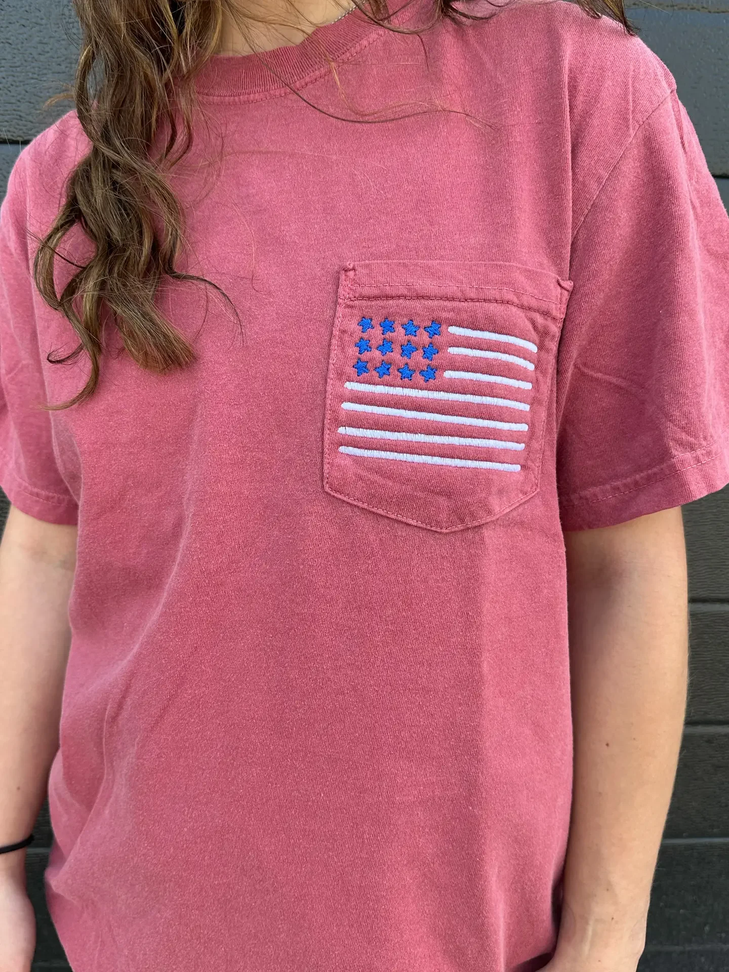 Red Embroidered Pocket Tee