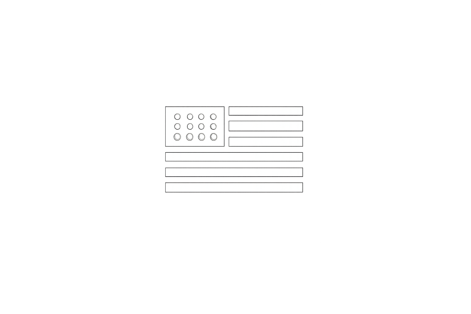 Outline sketch of a flag with a rectangle containing 12 circular shapes in a 3x4 grid, and five horizontal rectangles aligned vertically underneath it.