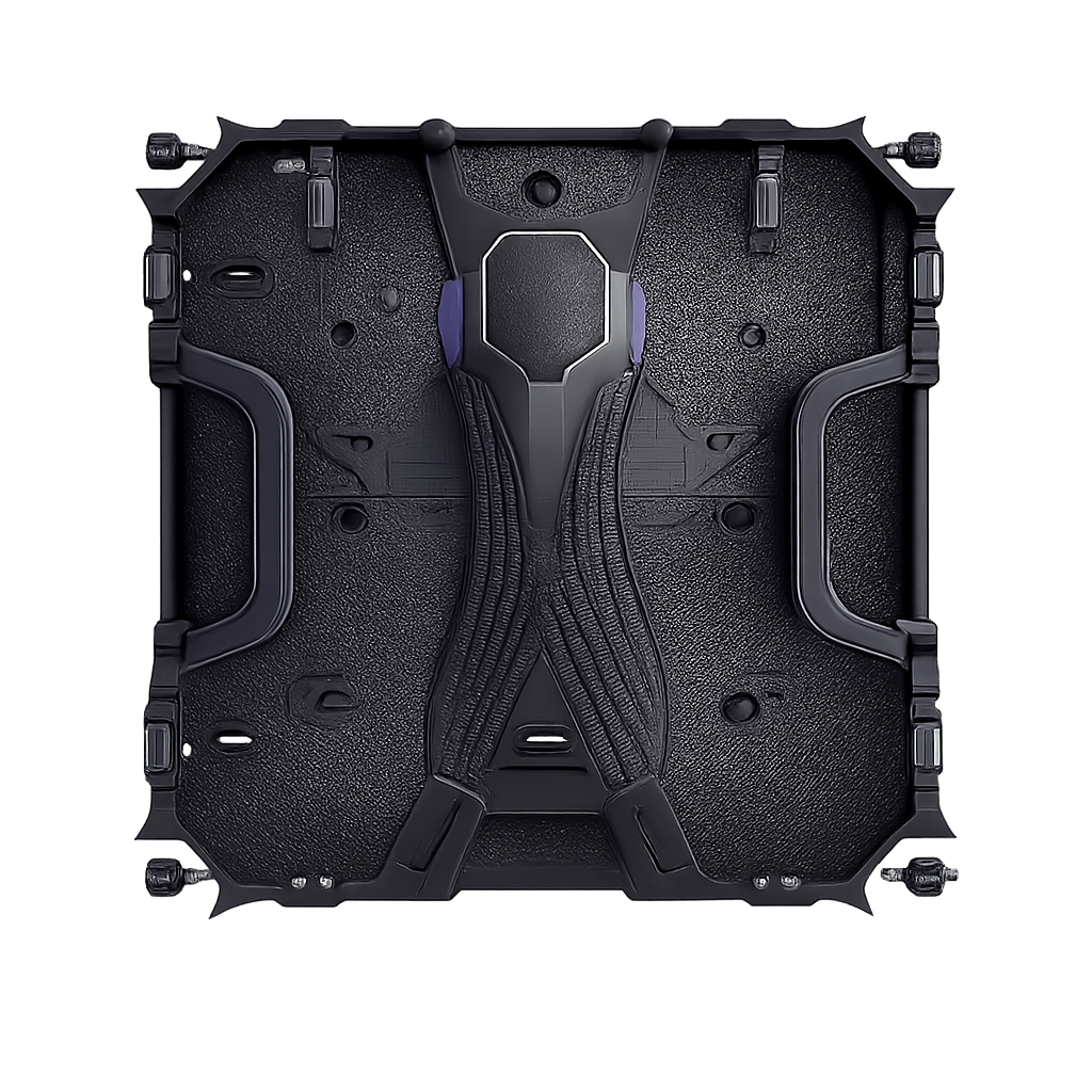 A black square drone with a central camera and protective frame, viewed from the top.