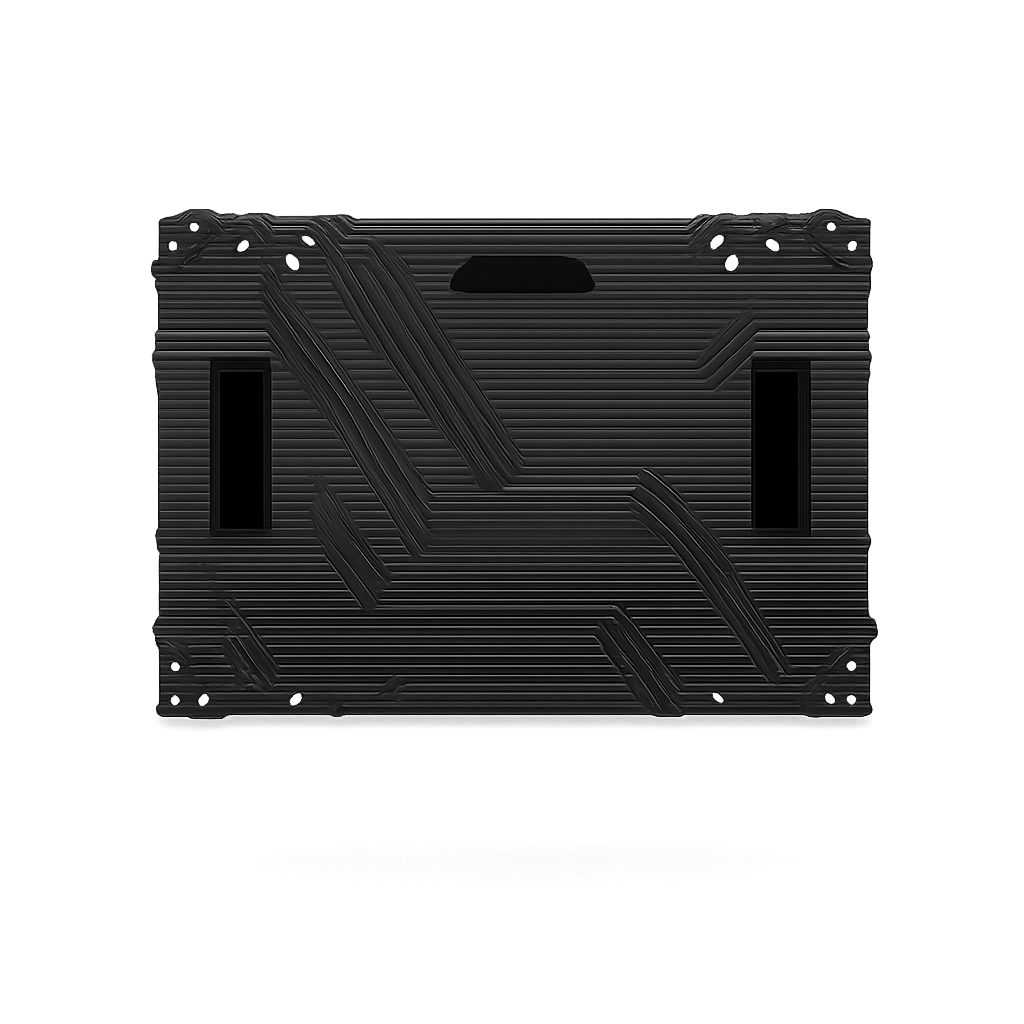 A black, rectangular computer hardware component with textured surface and two vertical slots.