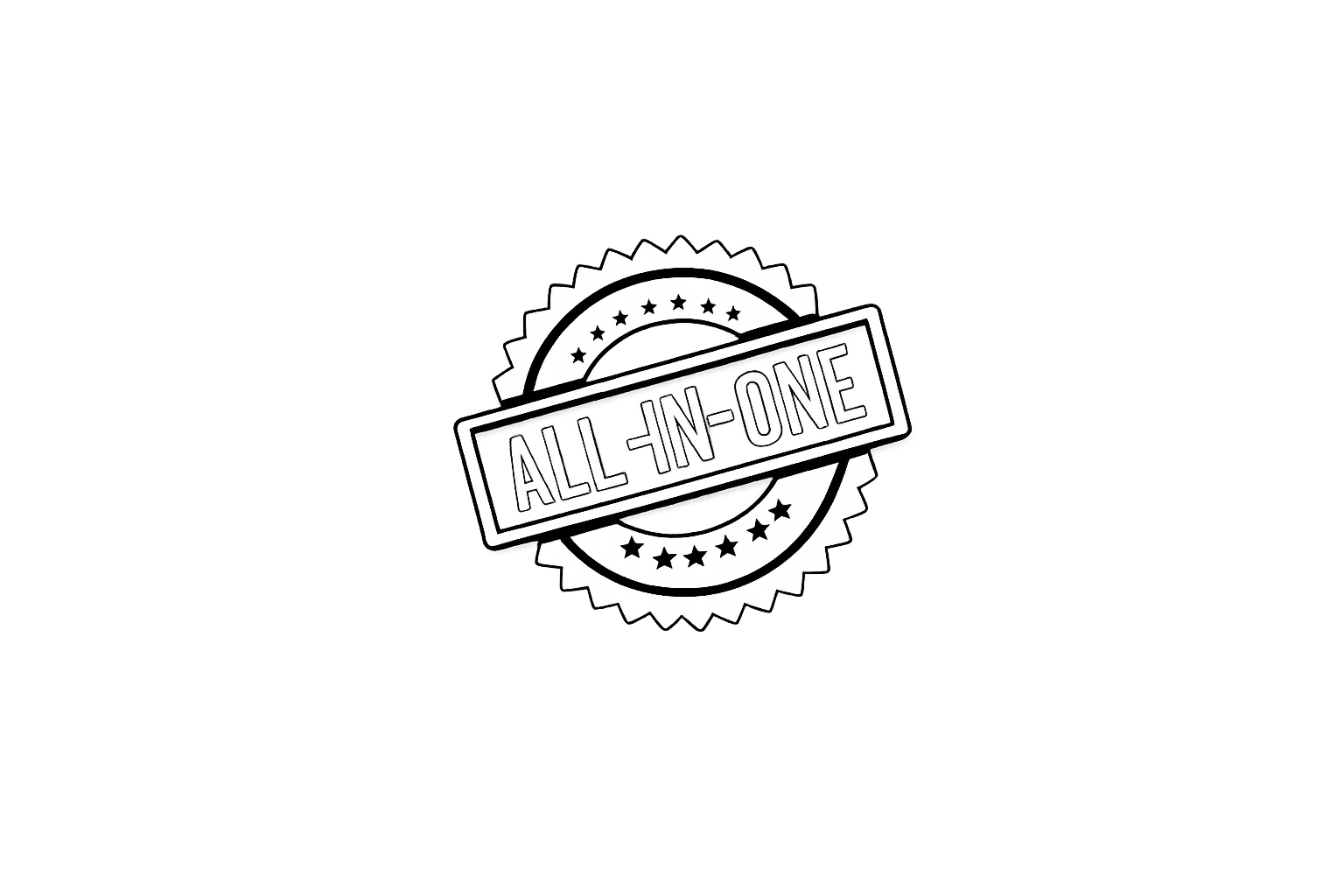 A black and white badge with a circle and star design, featuring the text 'ALL-IN-ONE' across the center.