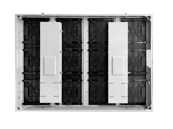 The interior of a double electrical or server enclosure showing two white power modules or circuit breakers mounted on a black metal frame.