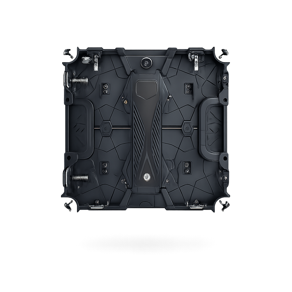 The image shows the back of an electronic LED display screen with a black mounting frame.
