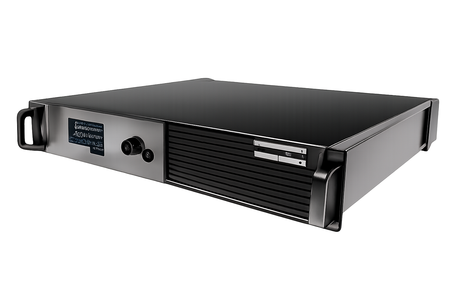 A vintage Team Fortress 2 server with a black and stainless steel design, featuring ventilation slats, a small display, and control buttons on the front panel.