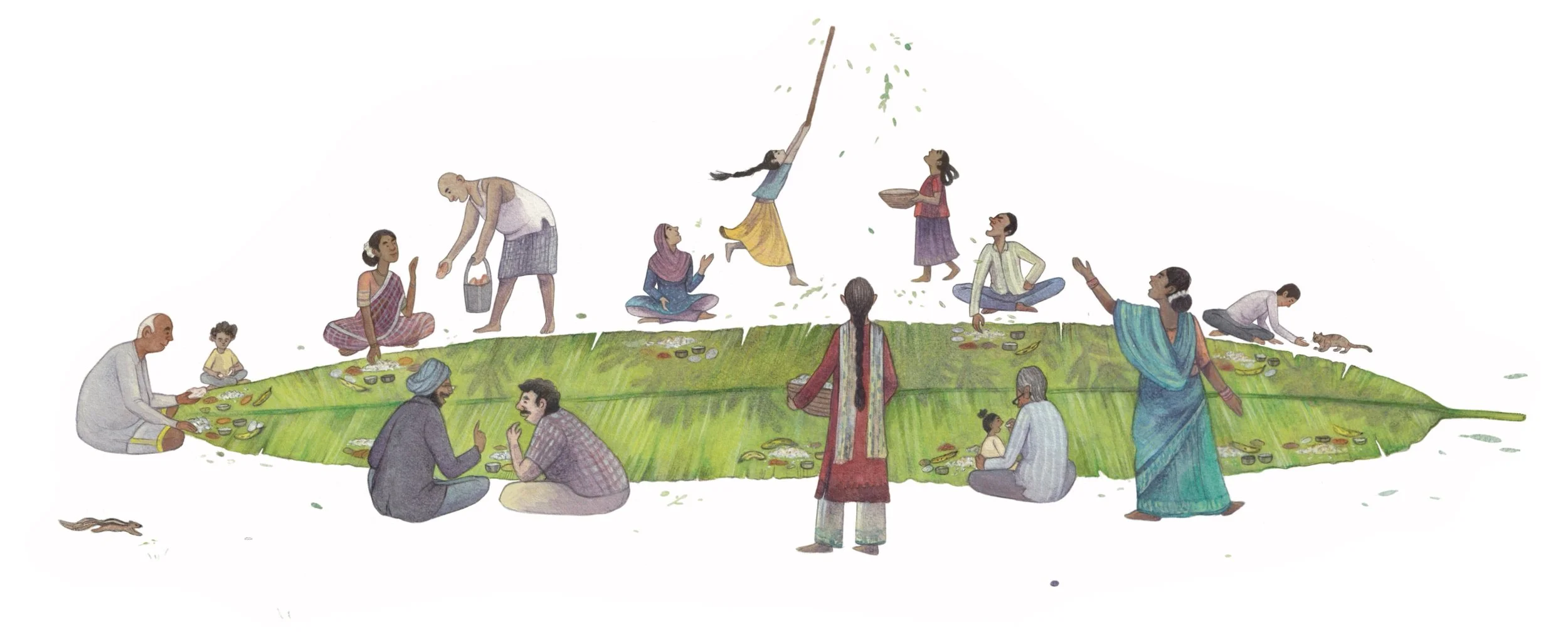 A traditional Indian feast being enjoyed outdoors on large green leaves with people sitting and eating, children and adults in traditional clothing, some engaging in playful activities, and animals like a cat and a rat in a peaceful setting.