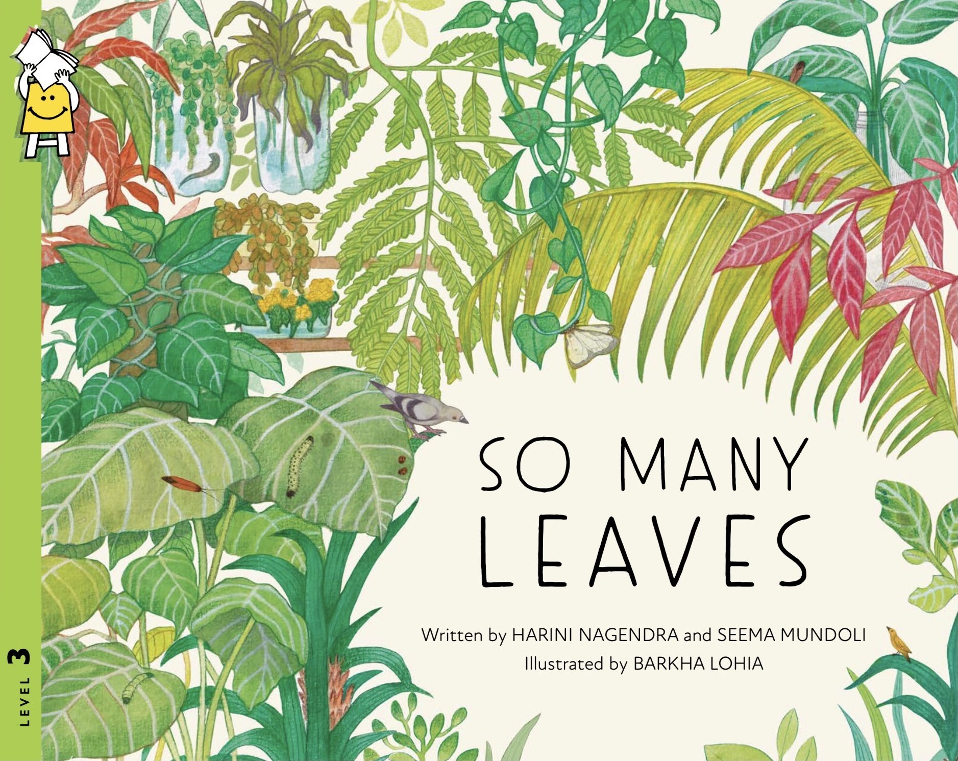 Cover of a children's book titled 'So Many Leaves,' featuring an illustration of lush green and pink leaves, plants, and small animals like birds, a chameleon, a butterfly, and a caterpillar, with a vertical green strip on the left indicating level 3.