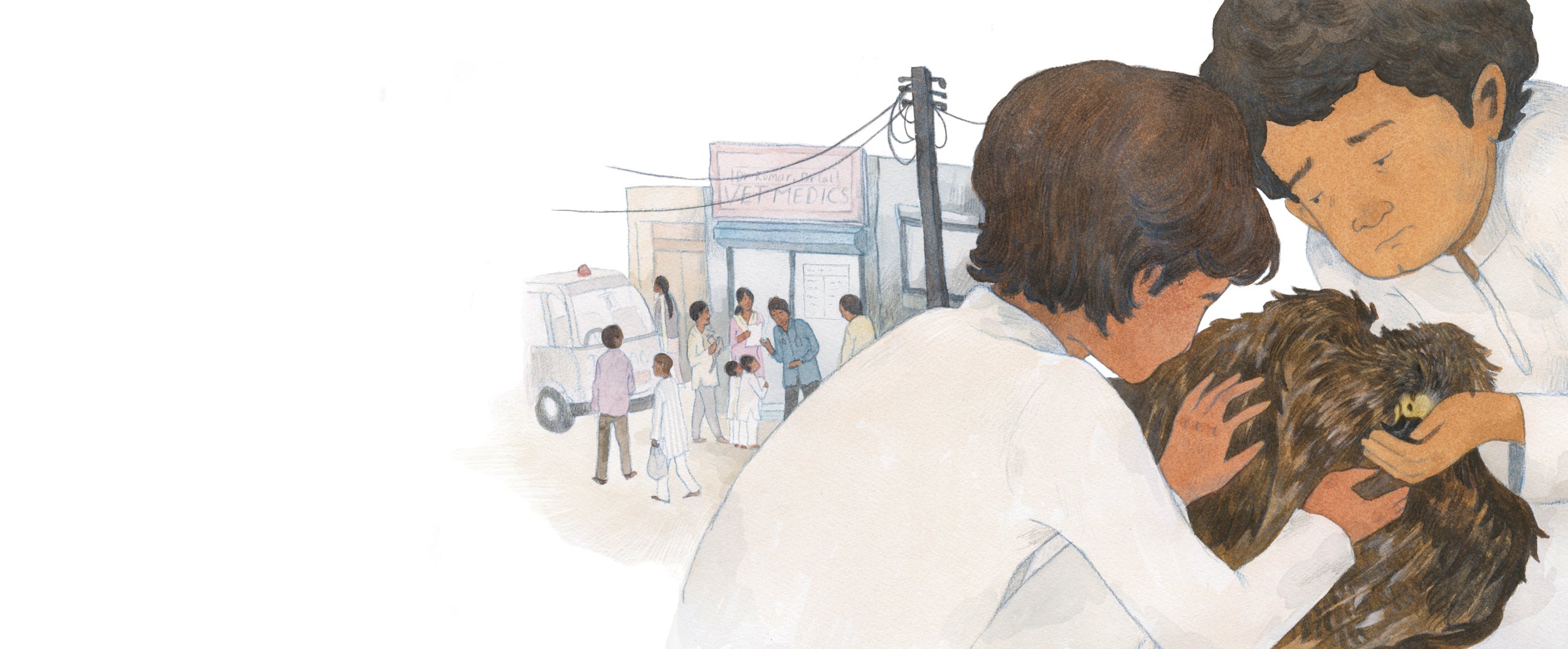 Two children in white coats look at a dog in distress, with a scene of people, an ambulance, a clinic, and utility poles in the background.