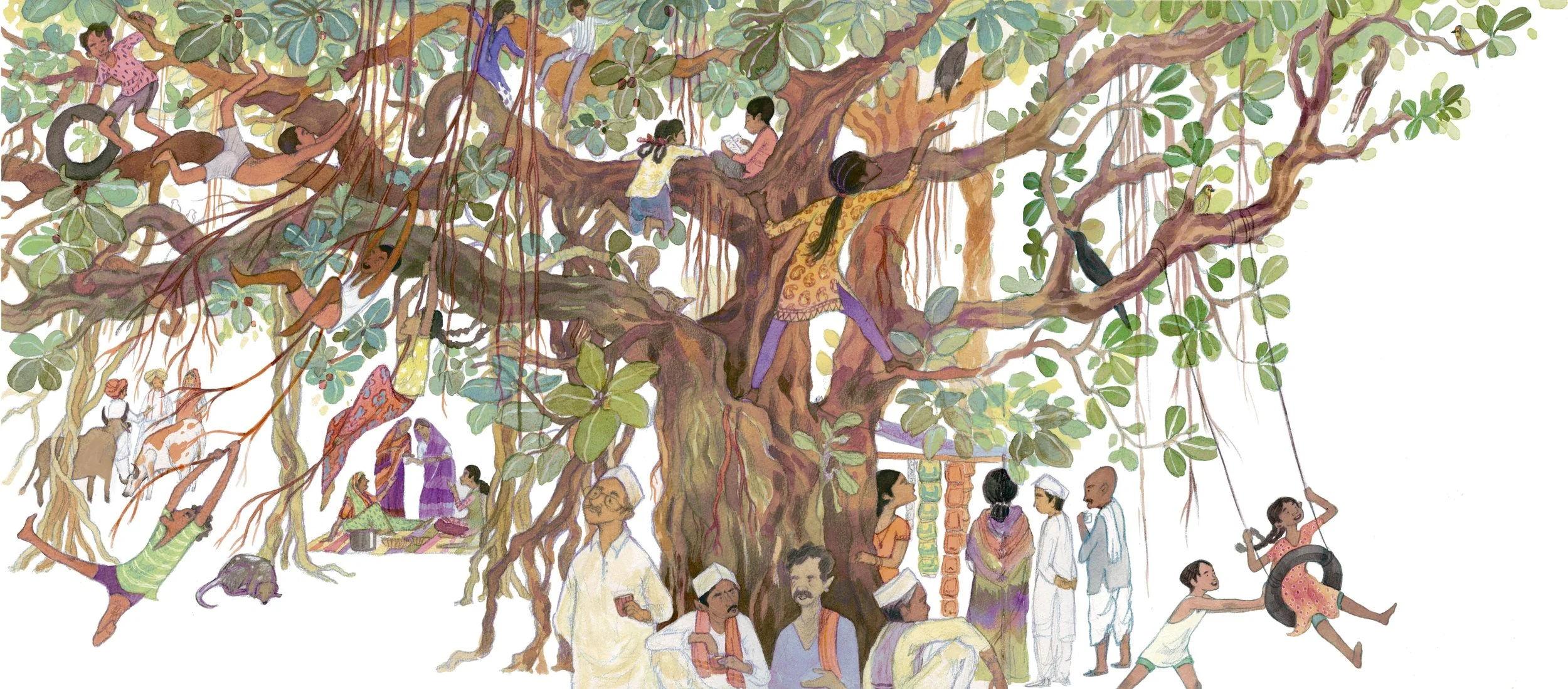 Children and adults playing and sitting around a large tree with hanging vines, some climbing, others swinging on tires, and some watching or talking nearby in a lively outdoor setting.