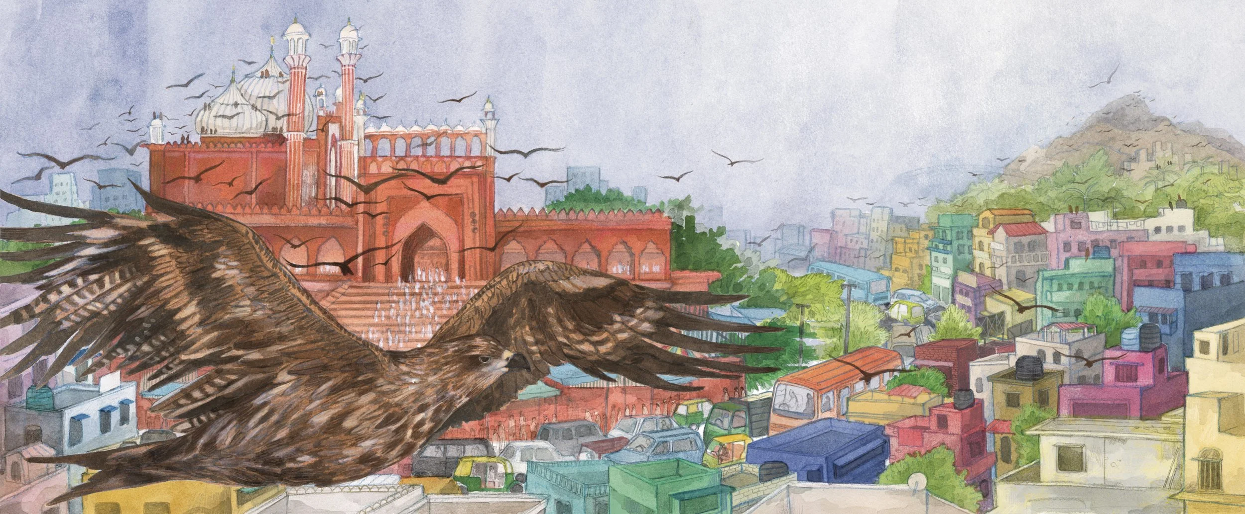 A watercolor painting of a large bird soaring over a colorful urban landscape with a red mosque or palace in the background. The city features vibrant, multicolored buildings and a mountain with greenery and structures on it in the distance.