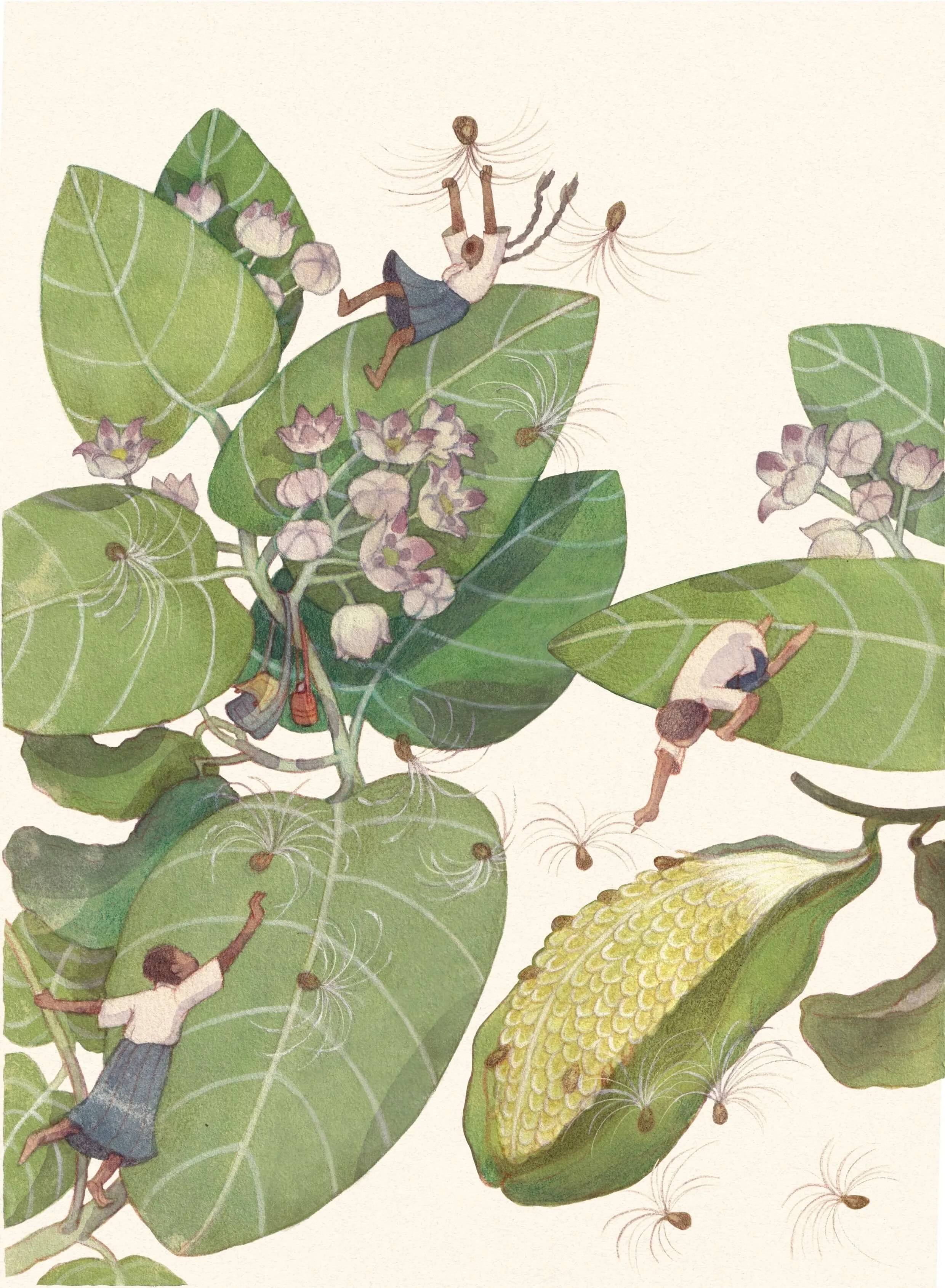 Illustration of a coffee plant with large green leaves, pink flowers, and yellow coffee cherries. Small children are climbing and exploring the plant, some hanging from leaves and others on the branches.