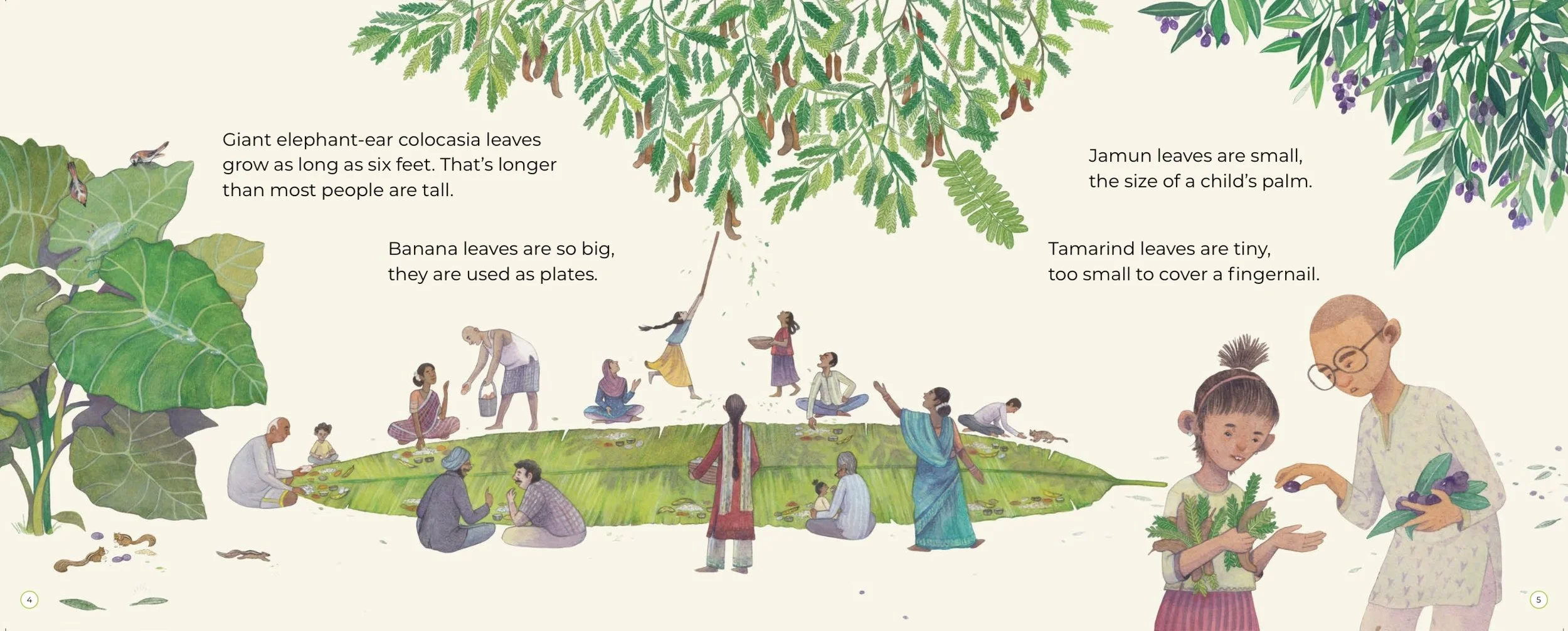 Illustration of people gathering and practicing traditional activities on large green leaves, including children and elders. The scene features various plants like elephant ear, banana, jamun, and tamarind, with descriptions of each plant's leaf size and characteristics.