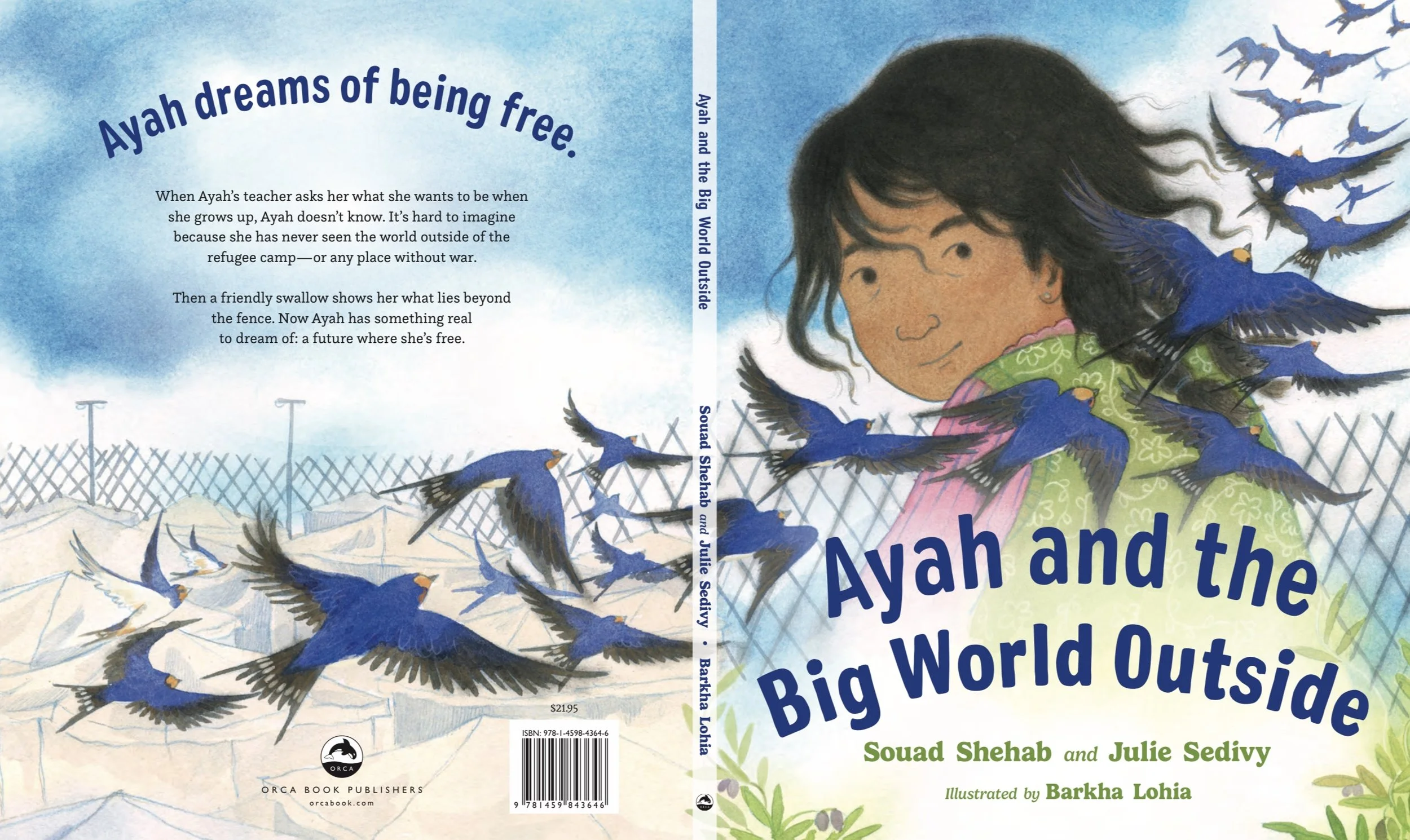 Cover of a children's book titled 'Ayah and the Big World Outside,' featuring a girl with short black hair and brown skin, wearing a green shirt with pink accents, amidst a flock of blue and black birds flying around her. The background shows a fence, a blue sky with clouds, and some greenery.