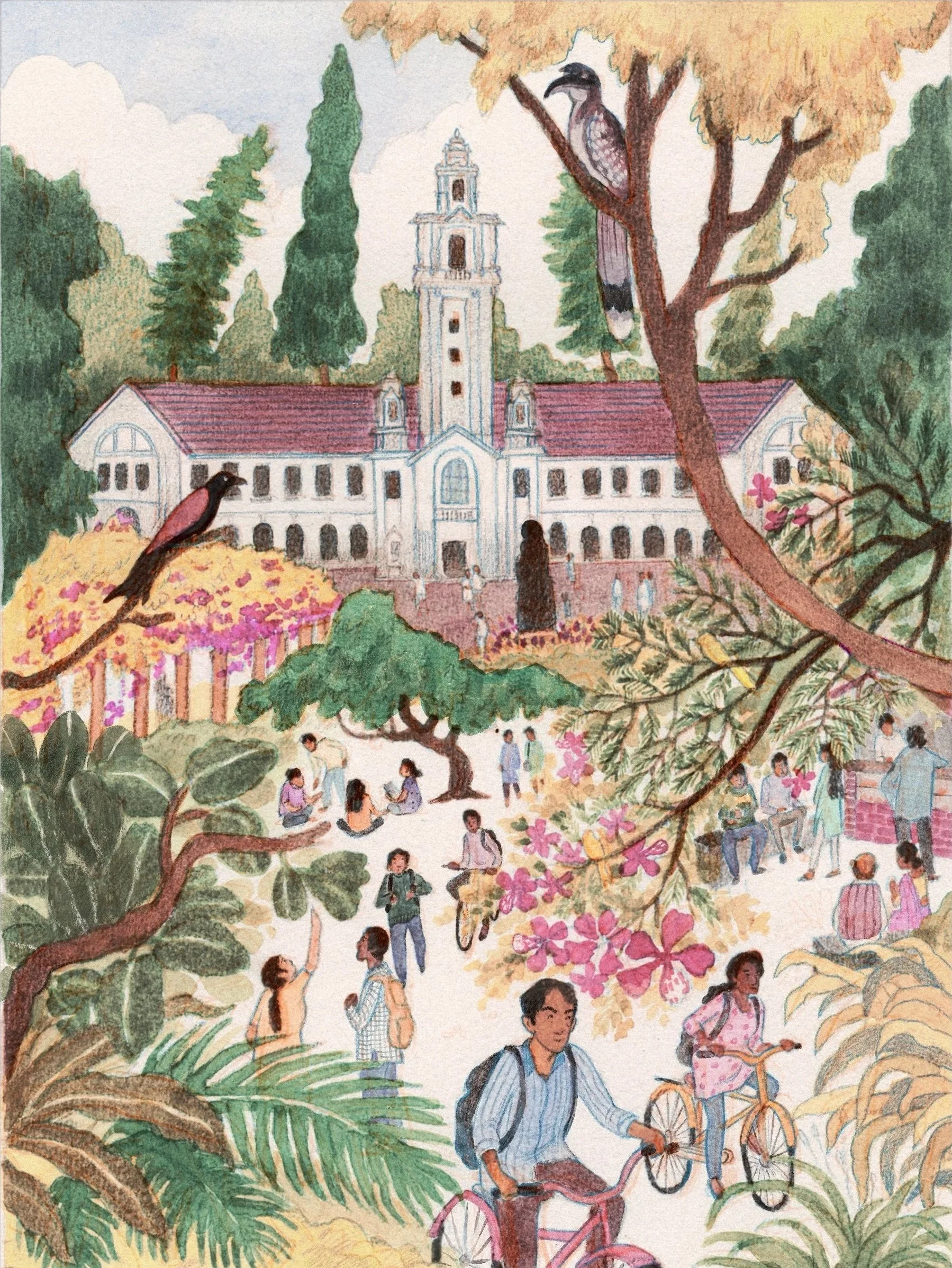 Illustration of a university campus with a large white building, surrounded by trees, colorful flowers, and people walking or cycling. Birds are perched on the trees, and there are students sitting and socializing in the park area.