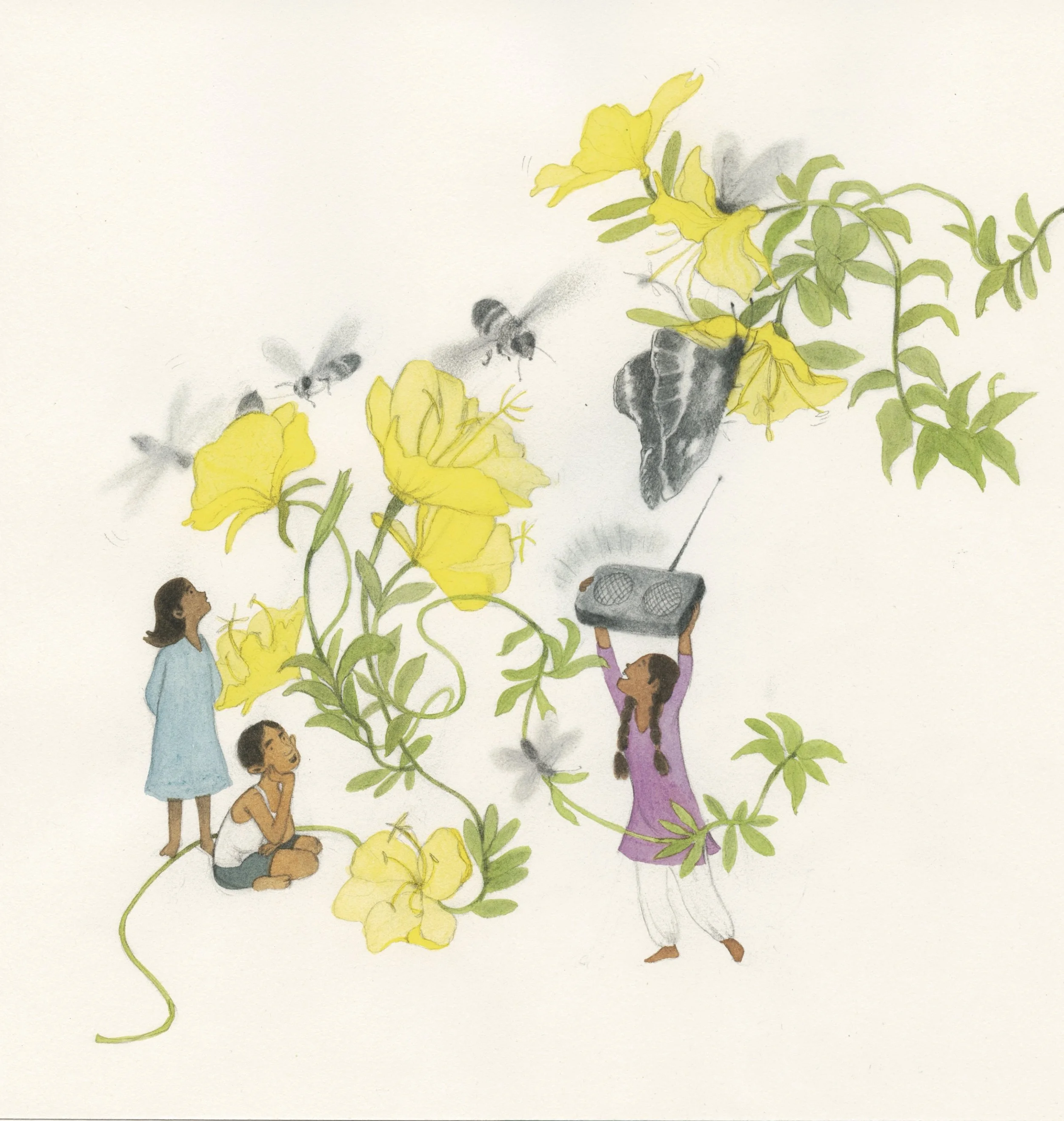 Children and a woman near yellow flowers, bees, a butterfly, and a person holding a radio.