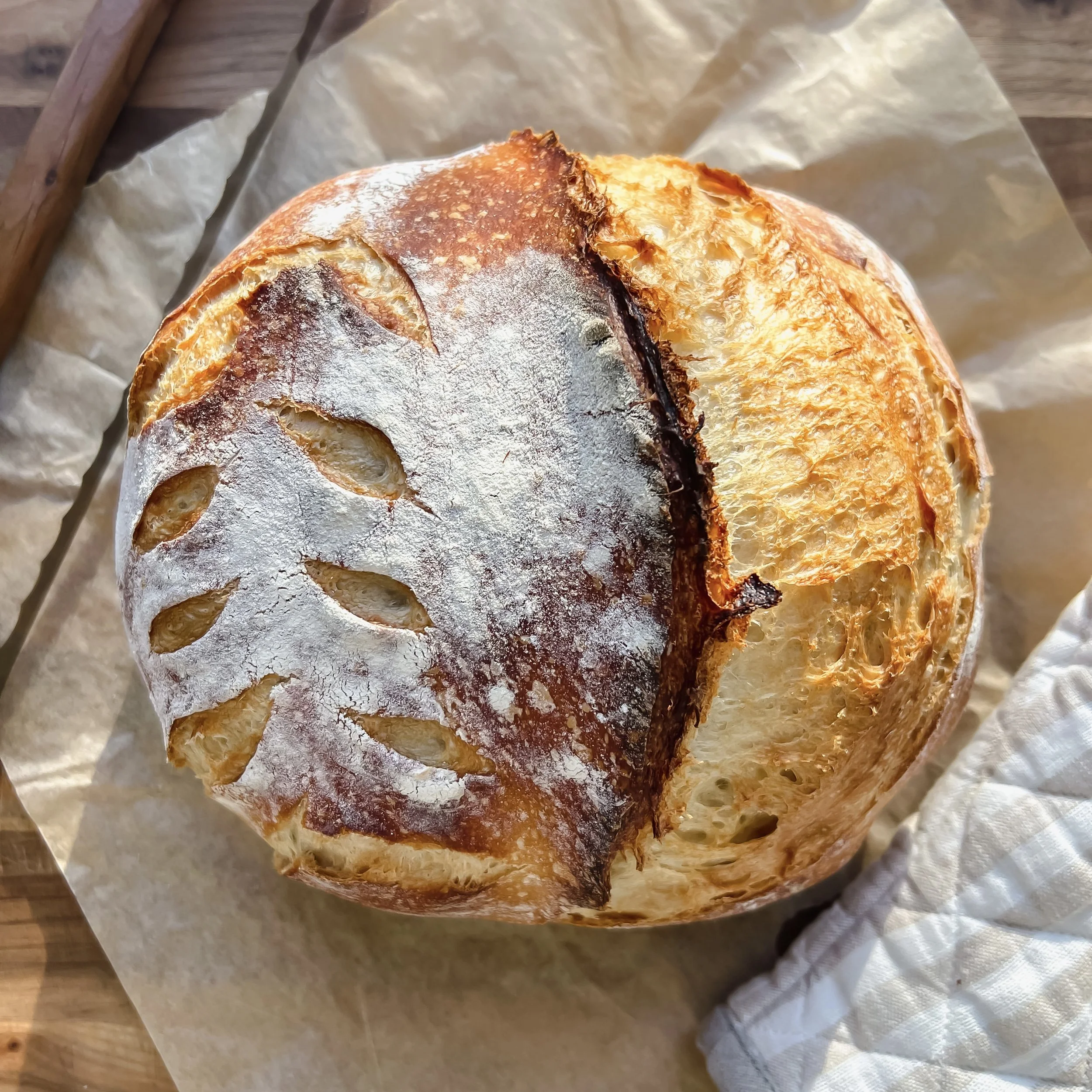 Round loaf of artisan bread with scored crust on a piece of parchment paper.