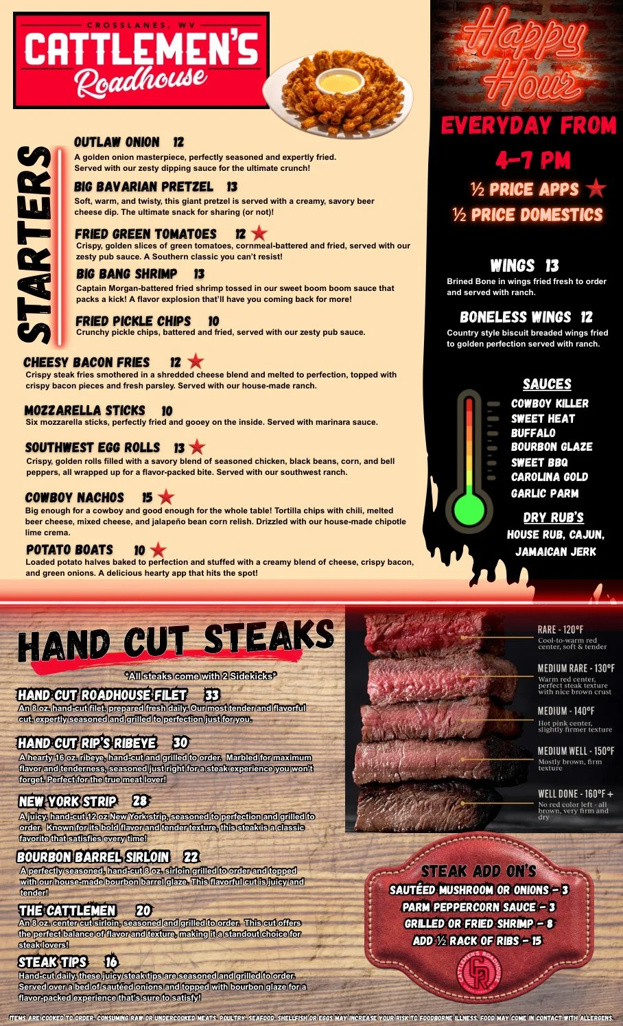 A restaurant menu at Cattlemen's Roadhouse in Crosslans, WV, featuring appetizers, hand-cut steaks, and a happy hour promotion.