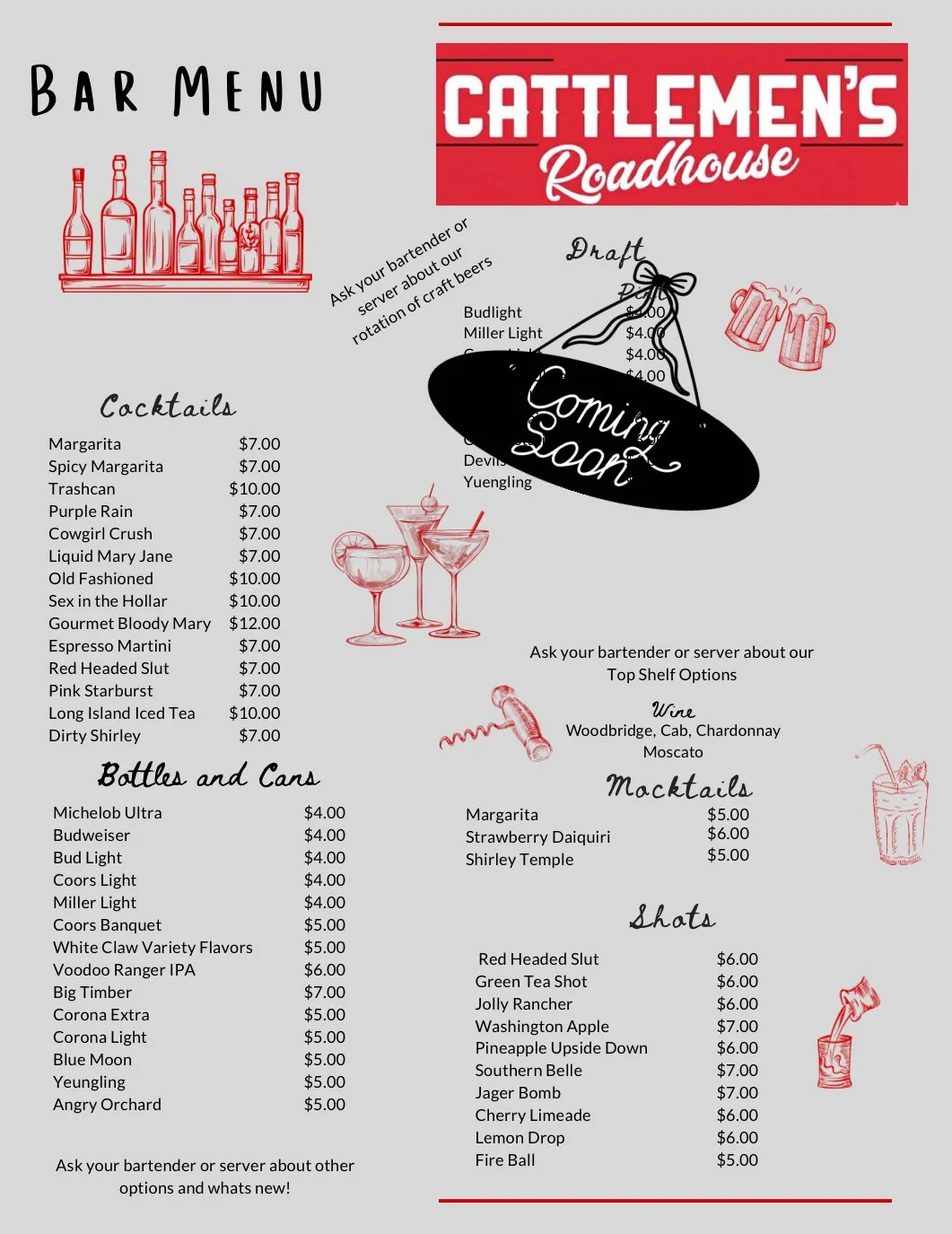 Bar menu featuring cocktails, bottled beers, cans, macktails, and shots, with a prominent red and white Cattlemens Roadhouse sign, labeled 'Coming Soon' sign, and illustrations of drinks and bottles.