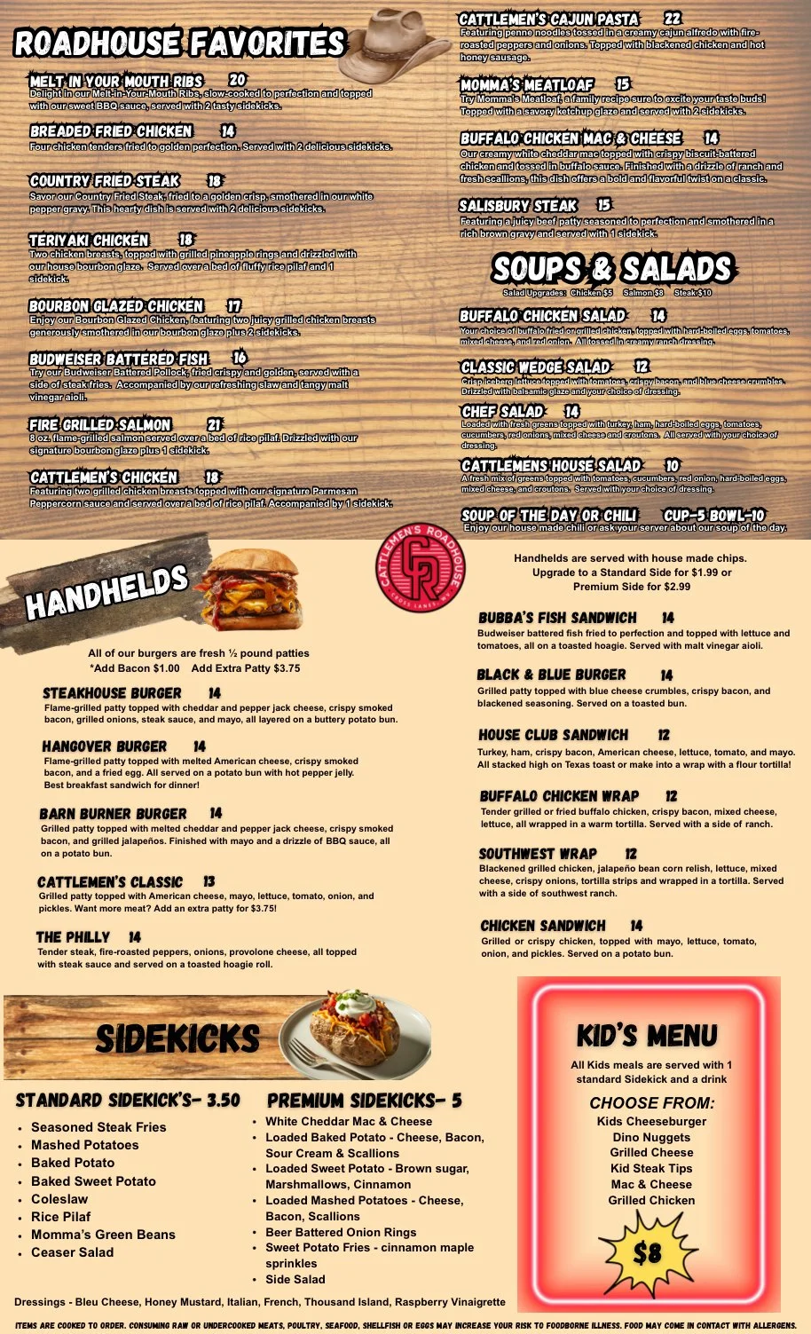Menu displaying roadhouse favorites, soups and salads, hand helds, sidekicks, kid's menu, and beverages. Includes dishes like melt-in-your-mouth ribs, breaded fried chicken, country fried steak, teriyaki chicken, bourbon glazed chicken, buffalo chicken salad, classic wedge salad, chef salad, cat's house salad, soup of the day or chili, Bubba's fish sandwich, black and blue burger, house club sandwich, buffalo chicken wrap, southwest wrap, chicken sandwich, and various sidekicks like seasoned steak fries, mashed potatoes, baked sweet potatoes, coleslaw, rice pilaf, green beans, and caesar salad. Kid's menu features cheeseburger, dino nuggets, grilled cheese, kid steak tips, mac and cheese, grilled chicken for $8. Beverages are also listed.