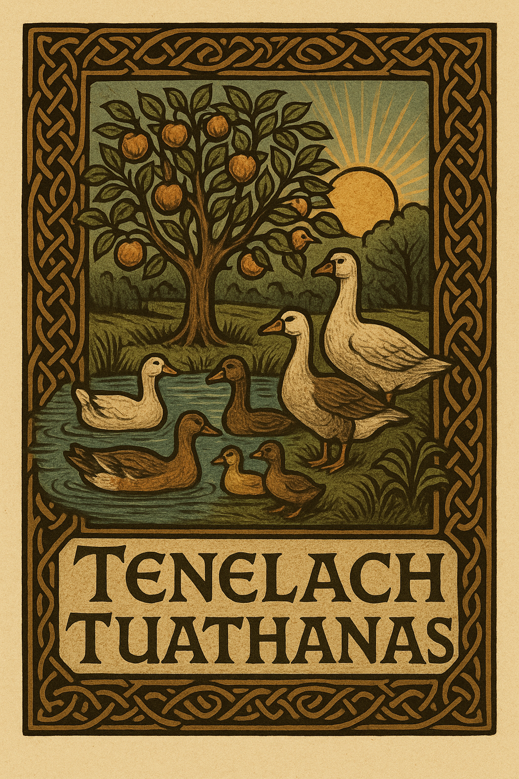 Illustration of a tree with orange fruit beside a pond with ducks and a goose, under a setting sun, framed with Celtic knot designs, and the words 'TENELACH TUATHANAS' at the bottom.