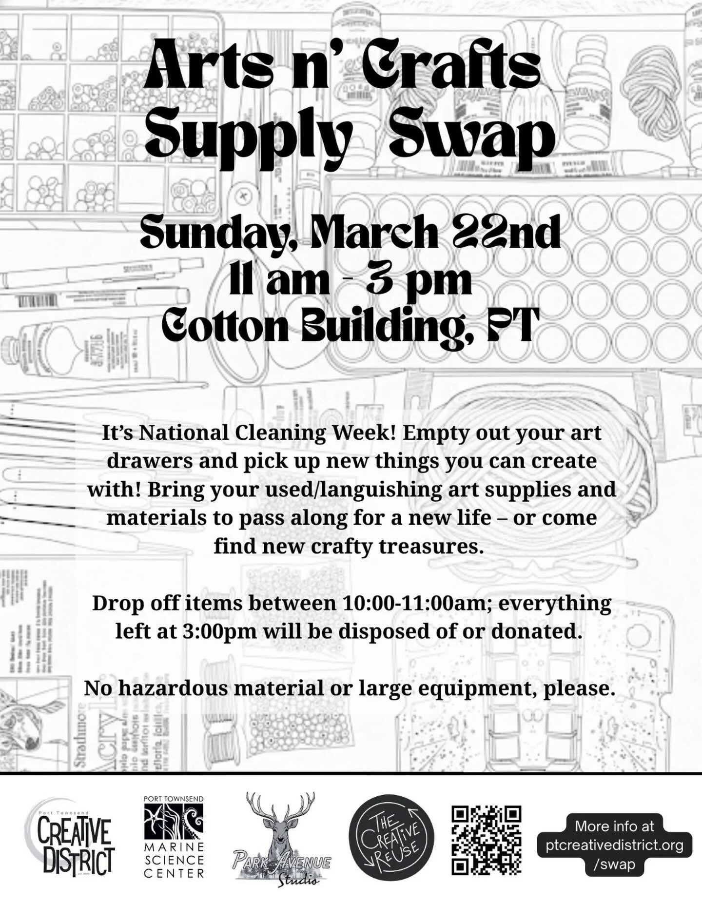 We are super excited to be involved with this upcoming art and craft swap organized by the Community Tool Library and PT Creative District.
Sunday, March 22 at the Cotton Building in PT. See you there!!