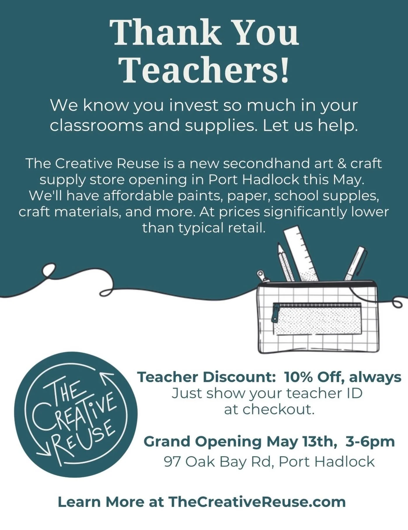 Happy Teacher Appreciation Week!🍎✏️

Thank you for everything you do for your students and our community!

Teacher Discount:  10% off, always
