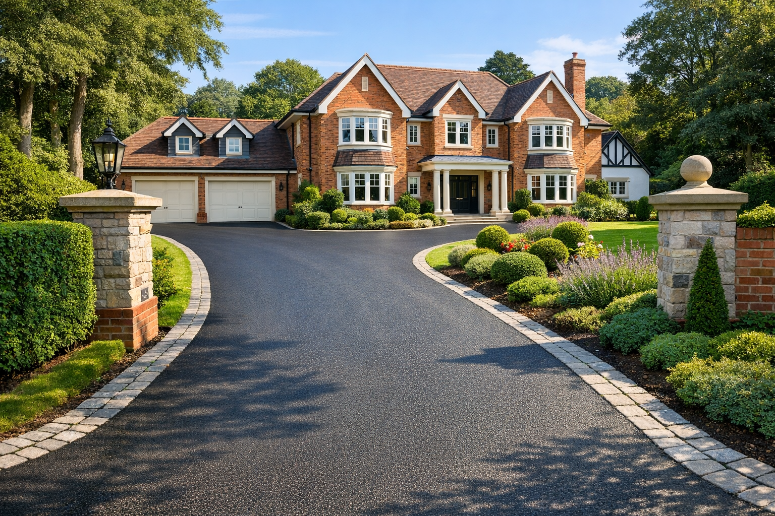 Large brick house with a curved paved driveway, surrounded by manicured shrubs, trees, and a garden, with a blue sky overhead.