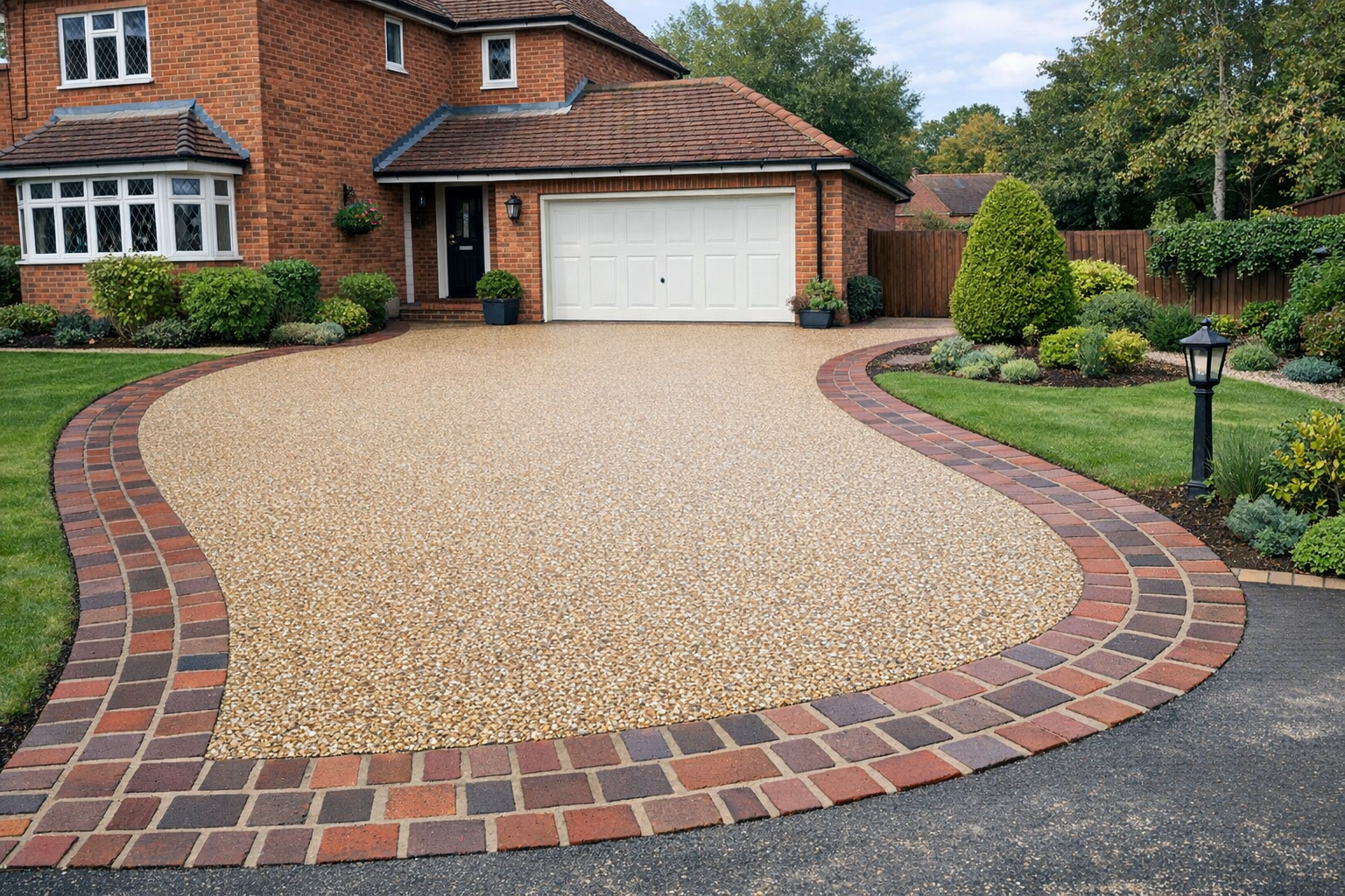 A neatly landscaped front yard with a paved driveway in front of a brick house, featuring a white garage door, green bushes, and a walkway bordered with red bricks, along with a garden bed with various plants and a black lamp post.