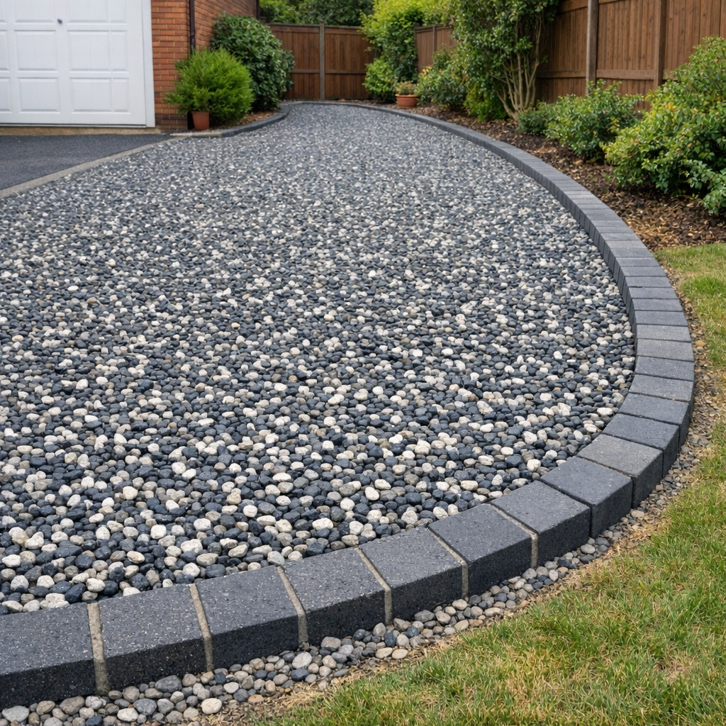 A curved area in a yard filled with small black and white pebbles, bordered by dark gray bricks, with green bushes and plants along a wooden fence in the background.