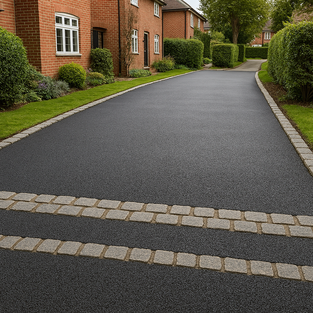 A paved residential street with a smooth black asphalt surface, bordered by light gray cobblestone strips, flanked by neatly trimmed green lawns and tall hedges, with brick houses and trees in the background.