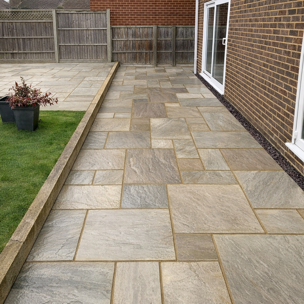 A backyard patio with large beige and brown stone tiles next to a brick house wall, bordered by a wooden fence and a small patch of green grass with potted plants.