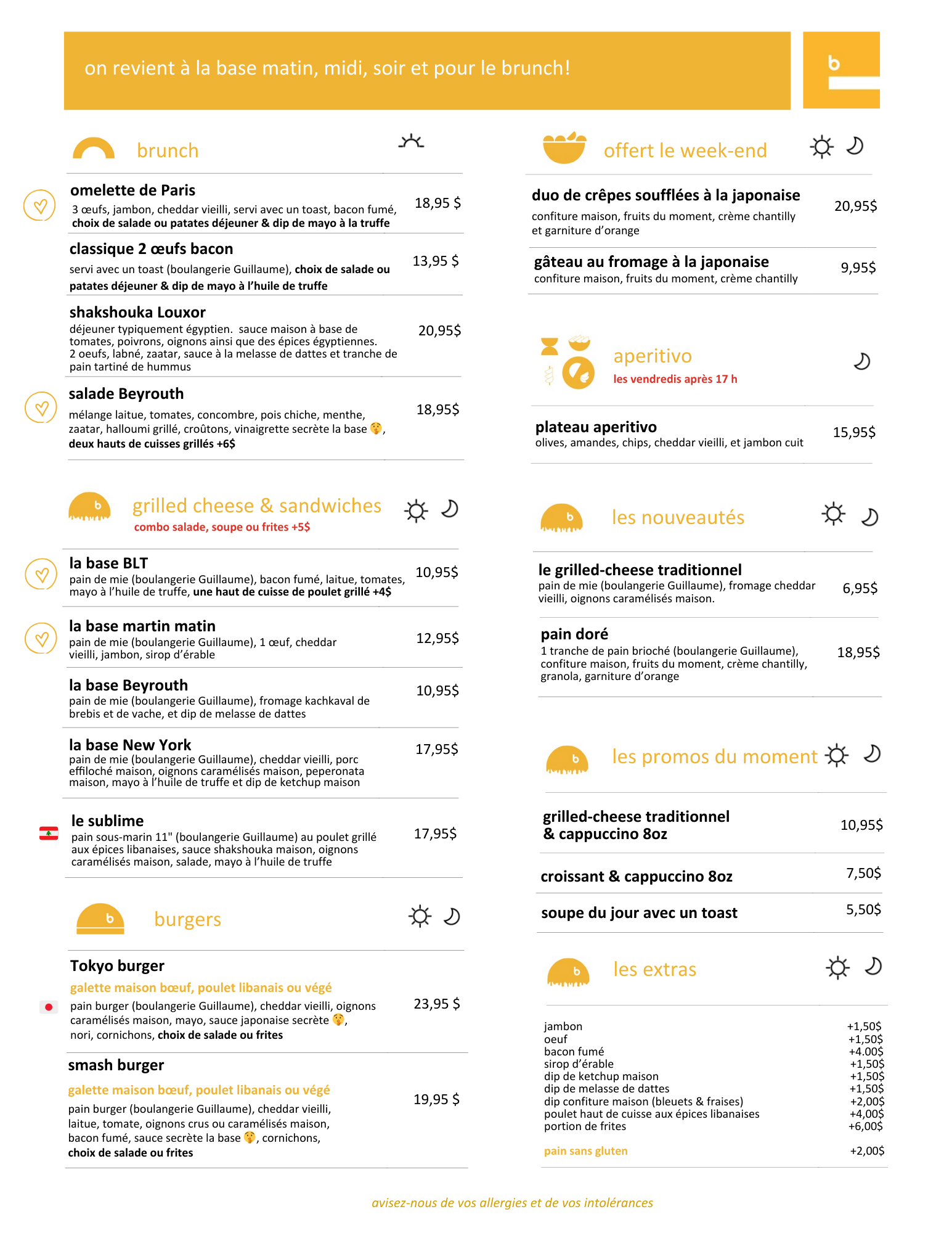 French brunch menu with sections for brunch, grilled cheese & sandwiches, burgers, featured items, Japanese-inspired options, and extras, including prices and dish descriptions.