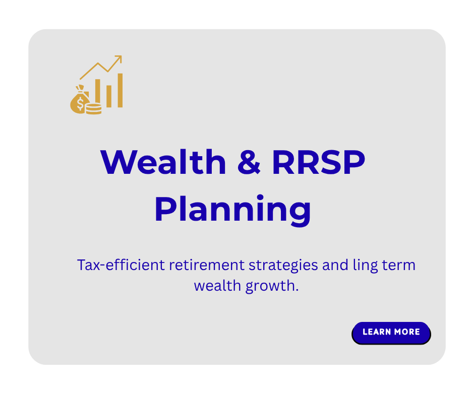 A graphic with a gold upward trending chart and money icon, and text about wealth and retirement planning, including a "Learn More" button.
