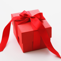 Red gift box with a large red ribbon bow on top