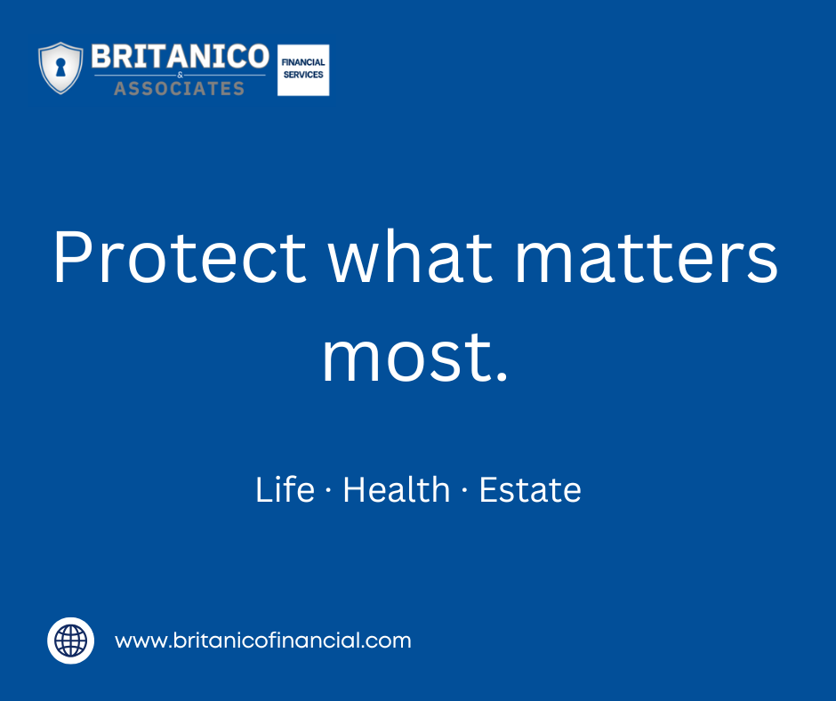 Blue background with white text that reads, "Protect what matters most." below it is smaller text saying, "Life · Health · Estate." The logo in the top left corner reads, "BRITANICO & ASSOCIATES," with a shield icon. Beneath the logo, there's a small box with text, "FINANCIAL SERVICES." At the bottom, there is a website URL, "www.britanicofinancial.com."