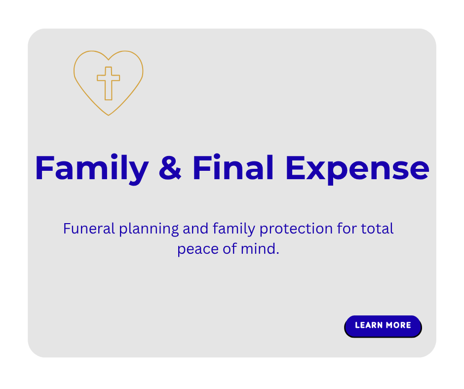 A promotional graphic for family and final expense insurance with a heart and cross icon, bold blue text, and a land button labeled 'Learn More' on a light gray background.