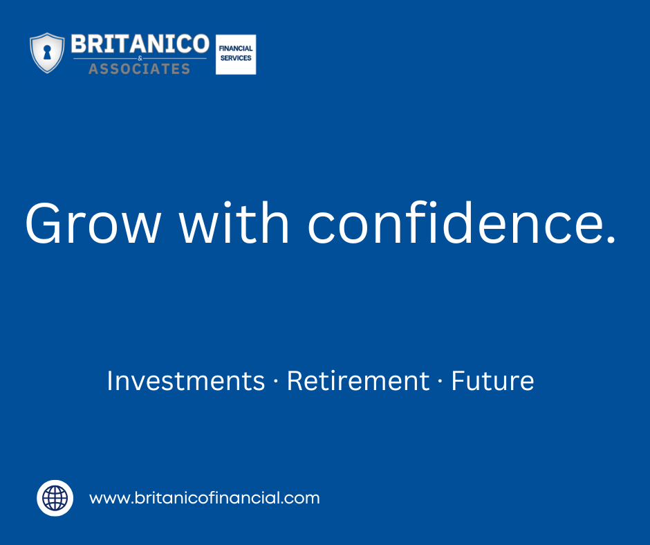 Blue promotional graphic for Britanico & Associates with the slogan Grow with confidence and words Investments, Retirement, Future.