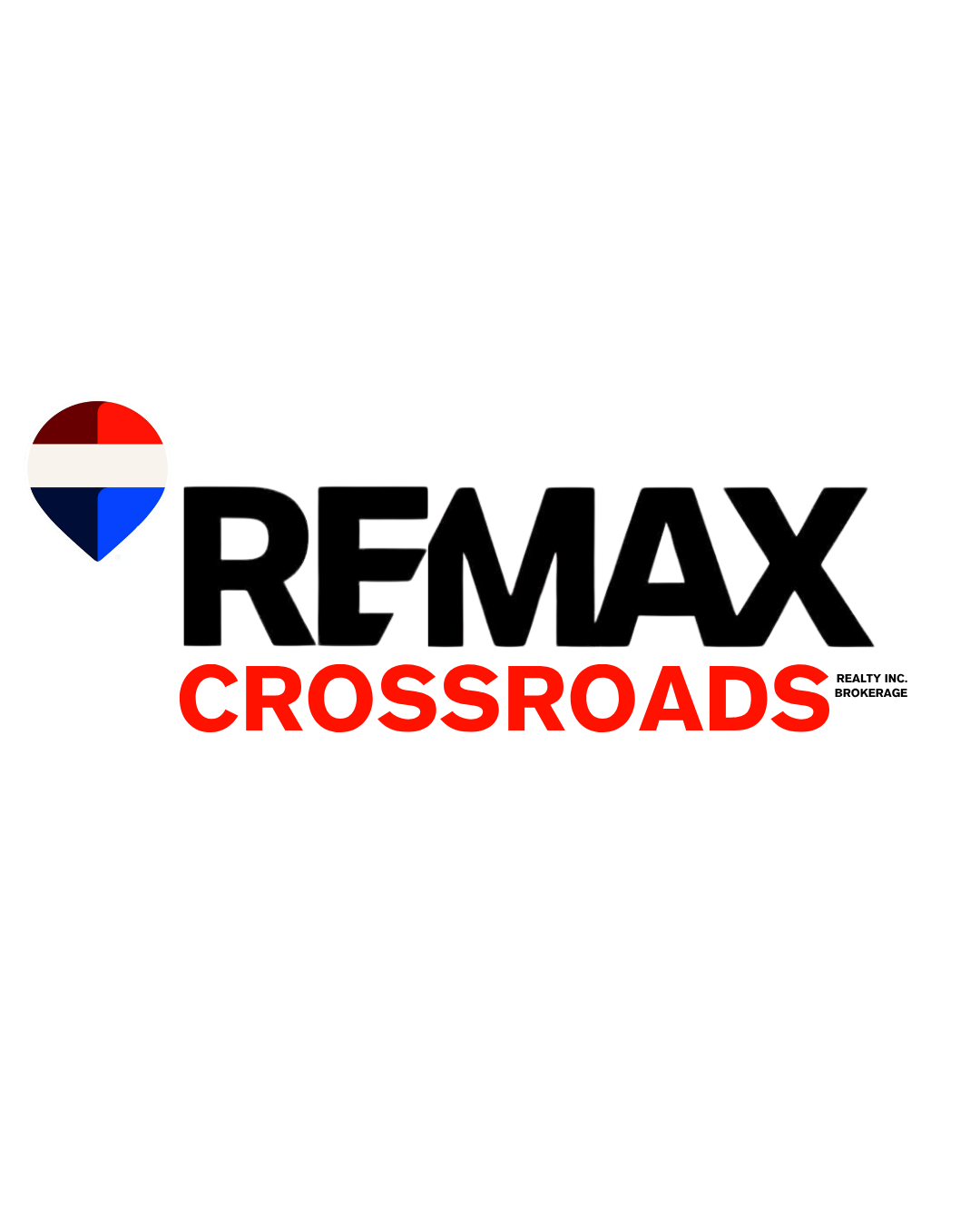 Re/MAX logo with a black background, featuring a hot air balloon with Dutch flag colors and the words 'RE/MAX CROSSROADS' in bold red letters.
