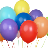 Colorful balloons including yellow, light blue, purple, blue, red, and orange floating against a plain background.