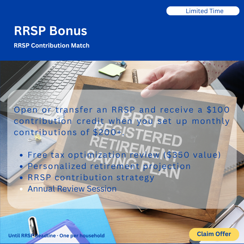 A promotional flyer for an RRSP contribution match bonus with details about setup criteria, benefits like tax review and retirement projection, and a claim offer button. The background shows a desk with office supplies.