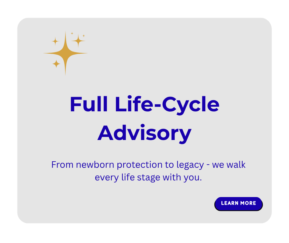 A promotional graphic for a 'Full Life-Cycle Advisory' service, featuring a gold starburst icon in the top left corner, with text in bold blue and smaller purple font, and a blue call-to-action button that says 'Learn More'.