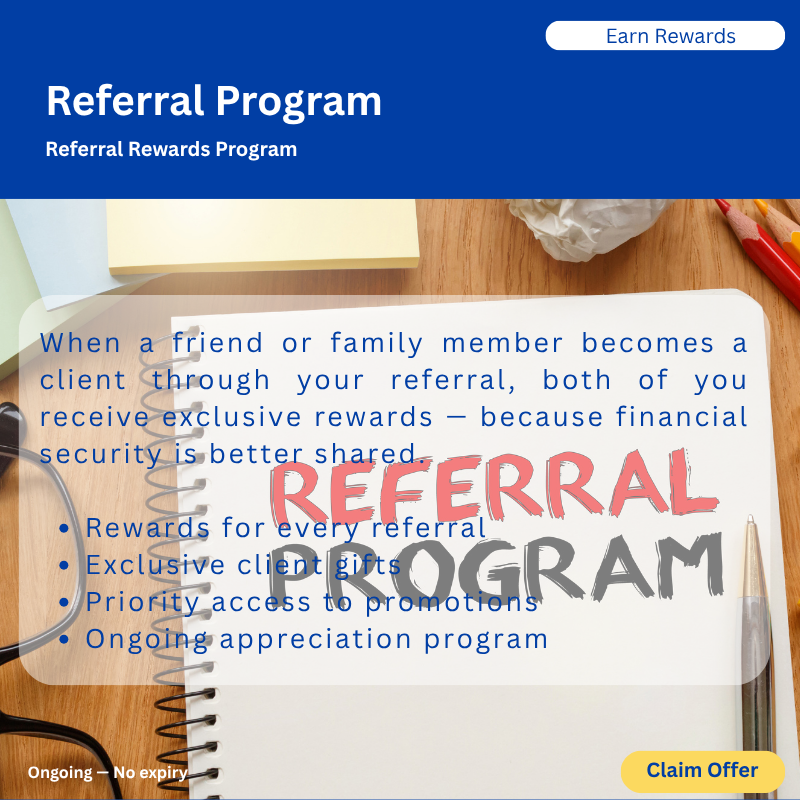 A promotional flyer for a referral program featuring a blue header with white text, a white notepad with the words 'Referral Program' and 'Referral' written on it, surrounded by office supplies including sticky notes, pencils, and a pen, on a wooden desk.