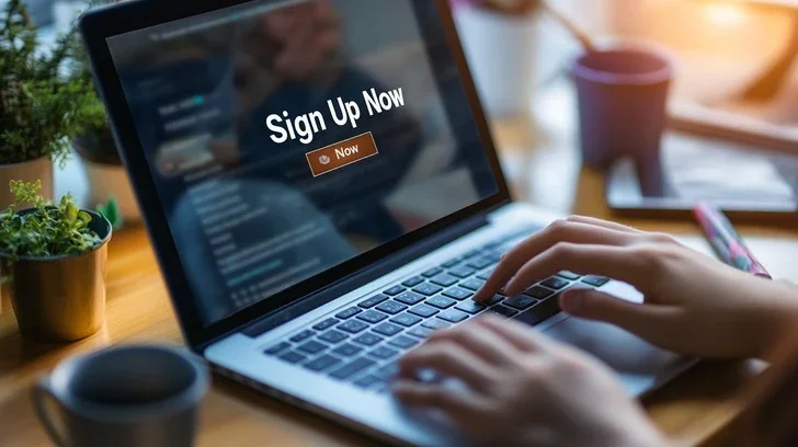 Close-up of a person's hands typing on a laptop with a 'Sign Up Now' sign on the screen, on a wooden desk with plants, a mug, and a cup nearby, sunlight coming through a window.