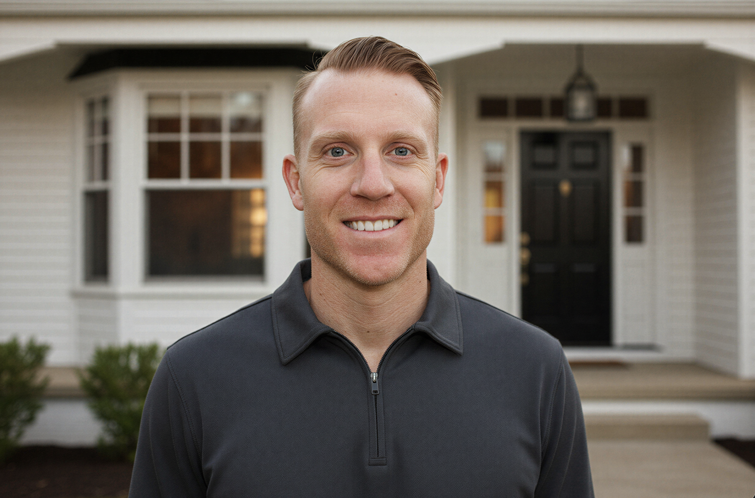 Smiling man standing in front of a house with white siding, black front door, and large windows.