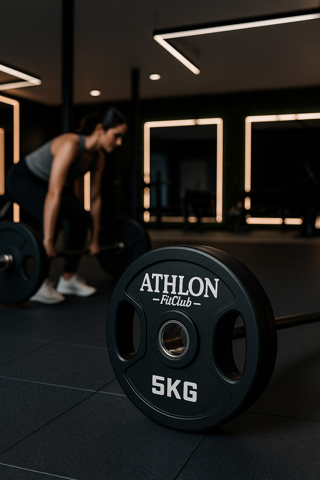 A woman is lifting a barbell in a gym, with a close-up of a 5 kg Athlon FitClub weight plate on the floor in the foreground.
