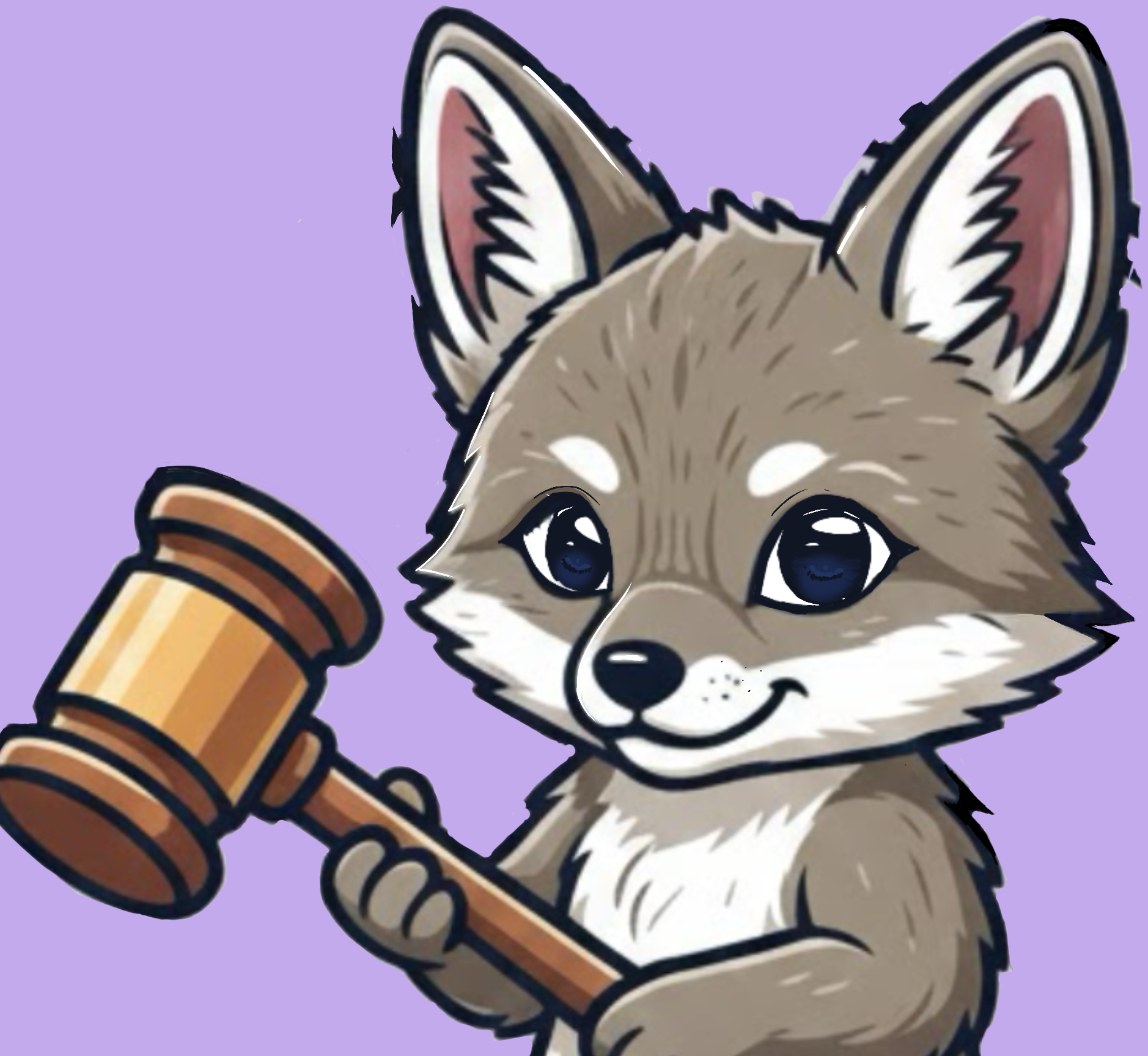 A cartoon illustration of a cute fox holding a gavel, with a purple background.